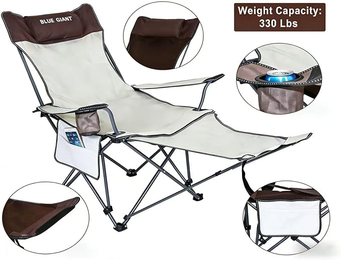 2 Pack Adjustable Folding Camping Chairs with Detachable Footrest and Headrest, Lightweight and Portable, Ideal for Hiking, Travel, Fishing and Outdoor Activities (Beige)