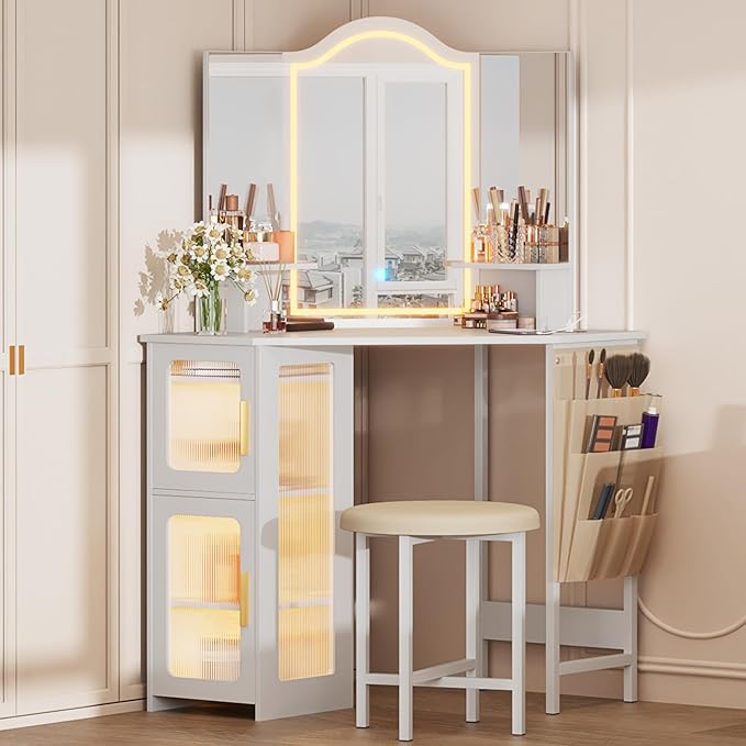 LVSOMT Corner Makeup Vanity Desk with Mirror and Lights, 44" Dressing Table with Charging Station, Makeup Table with Stool, Storage Cabinet and Adjustable Shelf, Bedroom Vanity for Girls Women, White