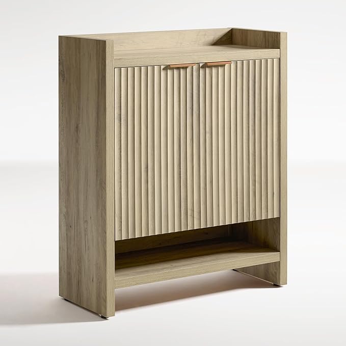 OAKHAM HOME Fluted Shoe Cabinet, 41" Tall 2-Door Entryway Storage Organizer with 3 Tier Adjustable Shelves, Modern Wood Shoe Rack for Hallway Mudroom Entrance Front Door (Sunwashed Ash Oak)