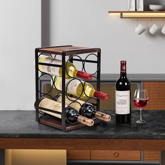 Rustic Wood Countertop Wine Rack 6 Bottles No Need Assembly Brown