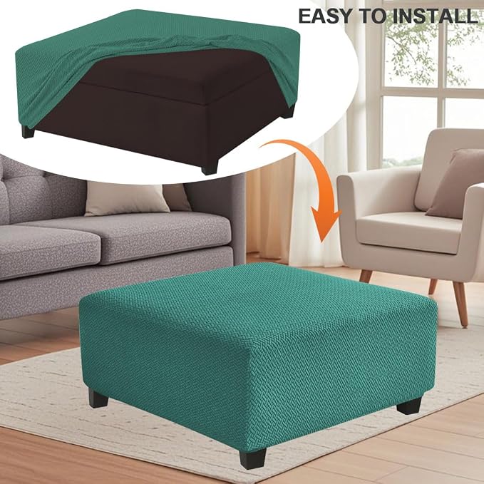 Levoberg Waterproof Square Ottoman Cover Large Square Folding Storage Ottoman Bench Slipcovers Footrest Stool Covers Oversized Ottoman Coffee Table Covers Cube with Elastic Bottom L Peacock Blue