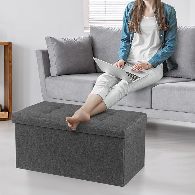 ZENY 30 Inches Folding Storage Ottoman Bench with Hidden Storage, Foot Rest Stool for Living Room, Bedroom, Gray
