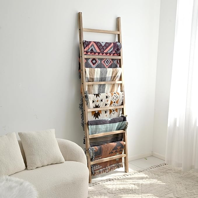 FUIN 6.4ft Extra Wide Wooden Blanket Ladder Living Room Decorative Wal Leaning Farmhouse Quilt Display Holder Rustic Wood Towel Rack for Bathroom, Burnt Brown, 24 inch Wide with 11 Rungs