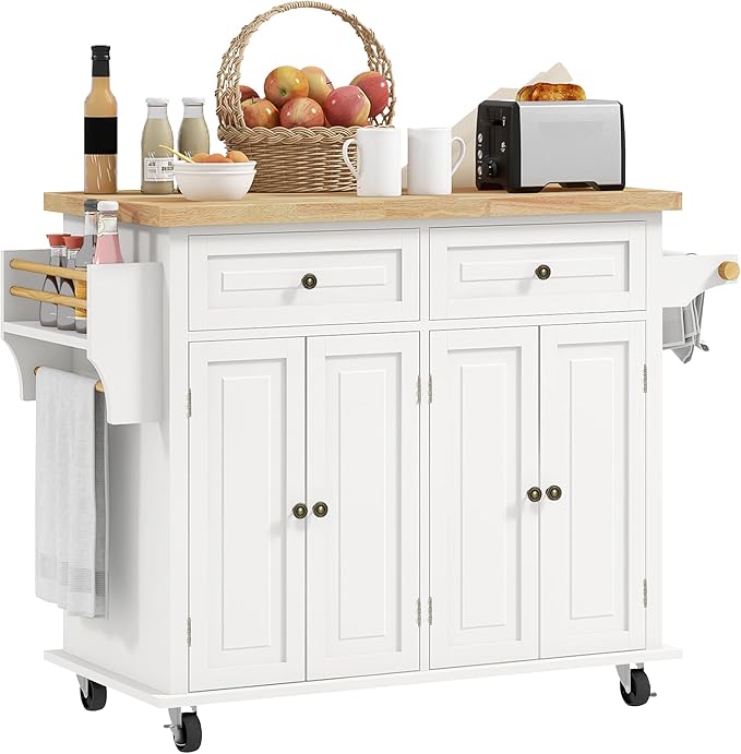 HOMCOM Kitchen Island Cart with Solid Wood Top, 44" Mobile Kitchen Island Table on Wheels with Storage Cabinets, 2 Drawers, Adjustable Shelves, Spice Rack & Towel Bar for Dining Room, Cream White