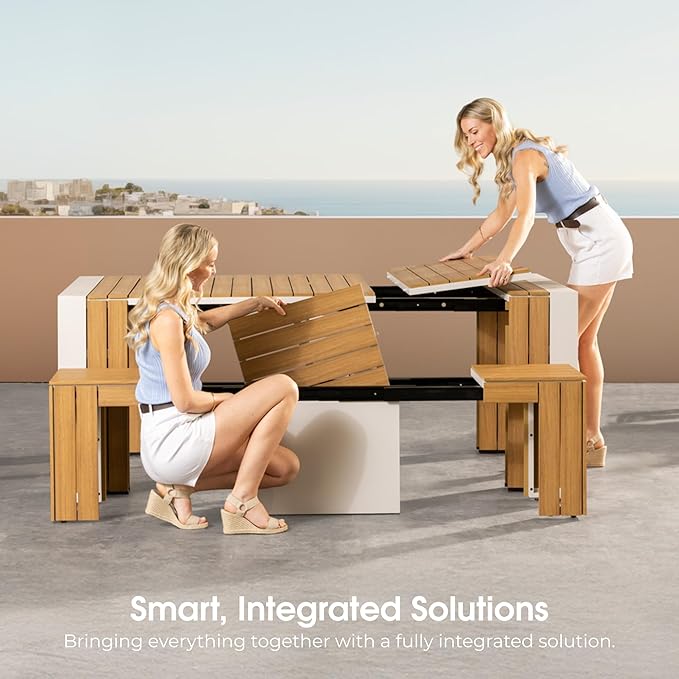 Transformer Table - Extendable Outdoor Dining Set up to 12, Expandable Patio Table, Weather-Resistant Wooden Outdoor Furniture, Light Oak, Natural (Table + Bench)
