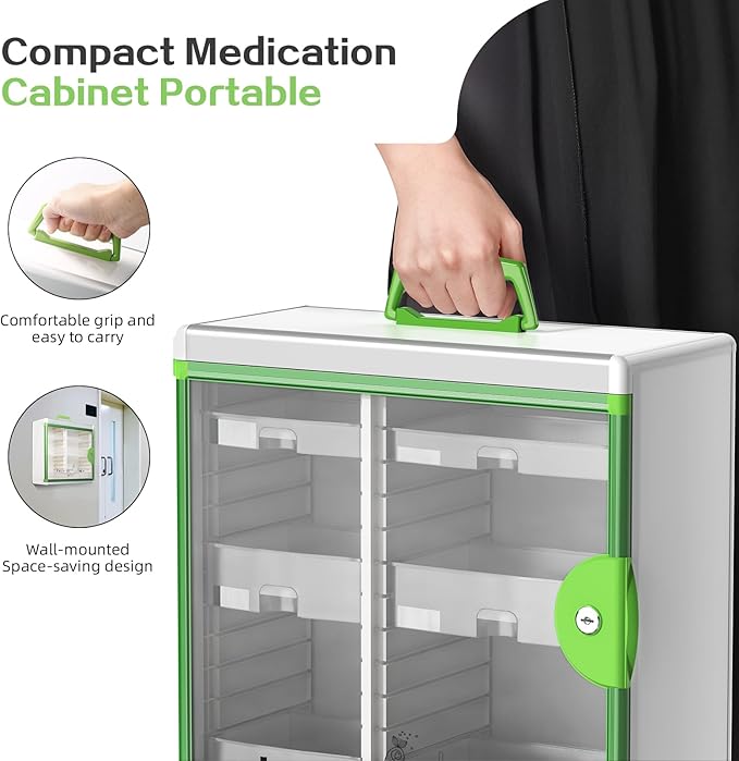 Glosen Lockable Medicine Cabinet with 6 Removable Trays, Wall Mounted & Portable Locking Medicine Cabinet Organizer with Key Lock for Home, Bathroom, Office - Aluminum Frame(15.63 * 6.5 * 15.43Inch)