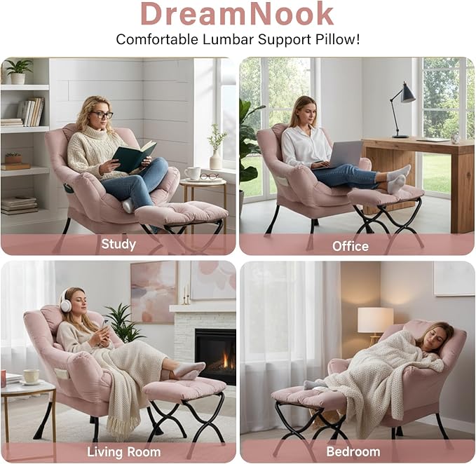 Lazy Chair with Ottoman, Modern Accent Chair with Lumbar Pillow, Velvet Pink Sofa, Armchairs with Folding Footrest, Oversized Supportive Chairs for Bedroom, Reading