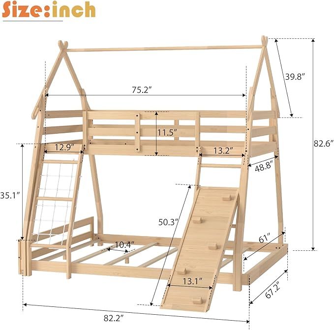 DUMOS Bunk Bed Twin Over Full Size, Wooden House Bunk Bed with Climbing Nets & Ramp, 82'' High Kids Bed Frame for Boys Girls Bedroom, Dorm, No Box Spring Needed