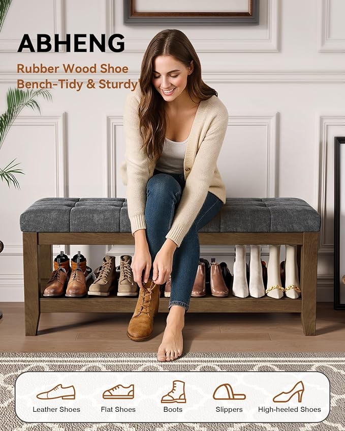 ABHENG Solid Rubber Wood Shoe Bench, Soft Chenille Material Upholstered Seat, 770LB Load Capacity, Multi-Storage for Entryway/Bedroom/Living Room, Vintage Style, 43.3"x15.7"x17.7", Dark Gray,UASND65G