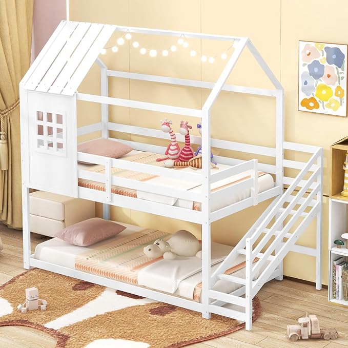 Giantex Twin Bunk Beds with Stairs, Floor House Bed with Roof & Window, Solid Wood Twin Over Twin Bunk Bed with Full-Length Guardrails and Steps, Space-Saving House Bed for Kids, Girls, Boys, White