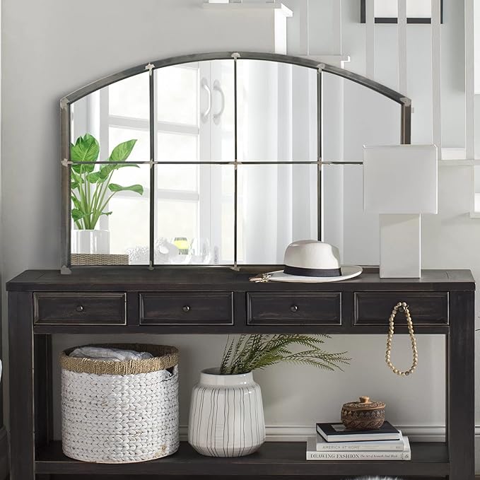 WAMIRRO Wide Window Pane Black Mirror,Farmhouse Arched Wall Mirror,Mantel Mirror for Fireplace/Entryway/Hallway/Living Room,42“X28” (Vintage Retro-Grey Wide)