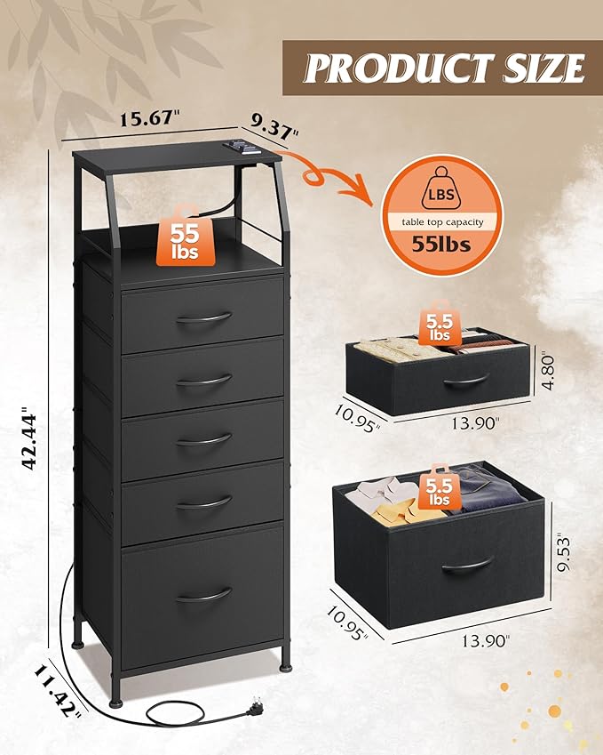 WLIVE LED Nightstand with Charging Station, Fabric Dresser with 5 Drawers for Bedroom, Tall Night Stand with Open Shelves, Bed Side Tables Living Room, Black