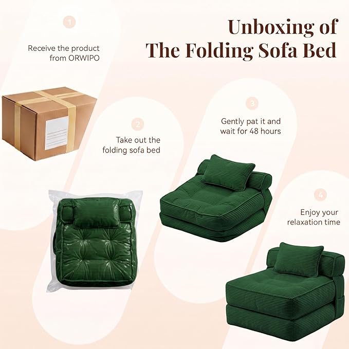 Folding Sofa Bed, Convertible Sleeper Chair with Pillow Foldable Mattress with Back Support, Portable Fold Out Chair Bed Comfy Floor Couch Lounge for Living Room Bedroom Apartment Single