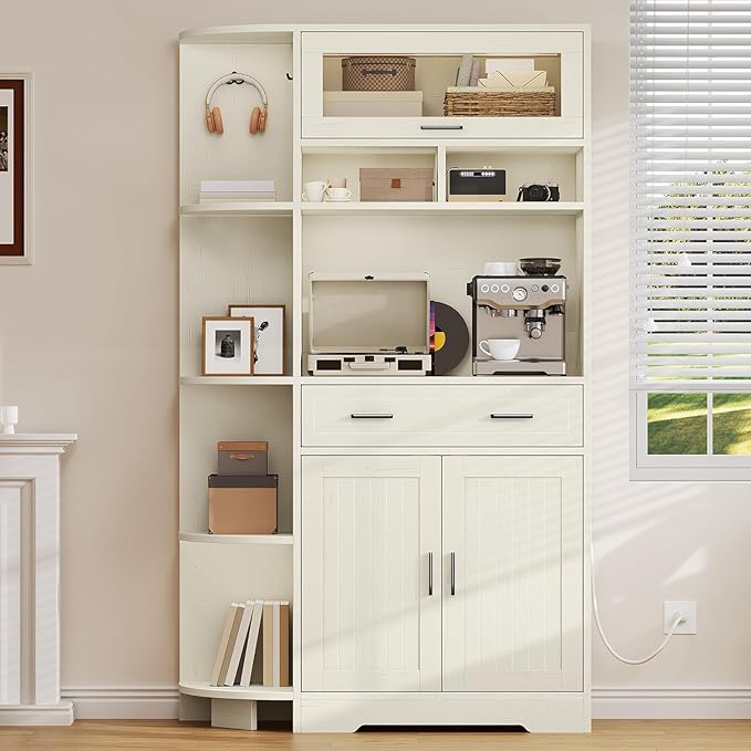 YITAHOME Kitchen Pantry Storage Cabinet, 67" Tall Kitchen Hutch with Outlet & Door & Shelves & Drawer, Farmhouse Wooden Microwave Stand Buffet Coffee Bar for Home Living Dining Room, Off-White