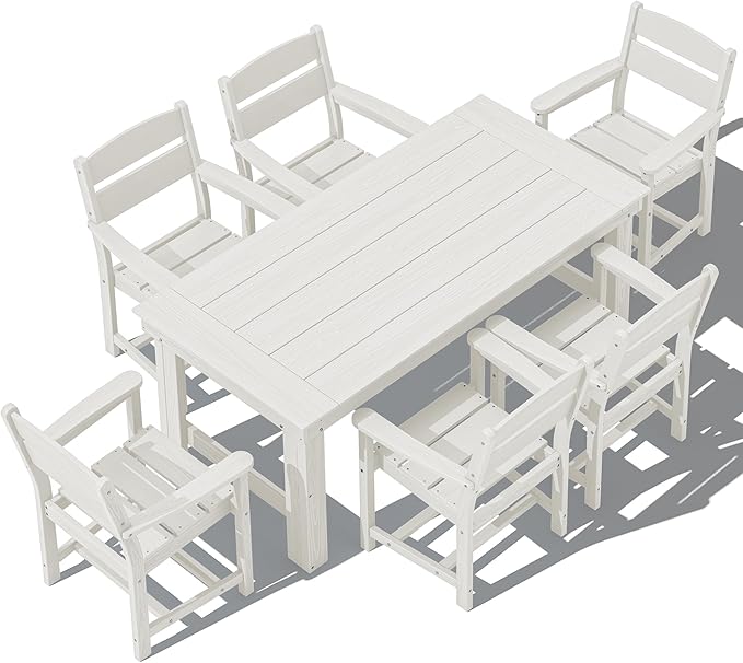 SERWALL Outdoor Dining Table Set, 67‘’ HDPE Patio Dining Set for 6, All-Weather Outdoor Table and Chairs Set for Deck, White