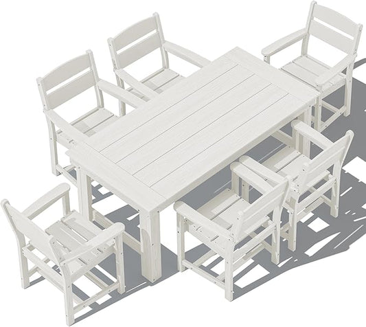 SERWALL Outdoor Dining Table Set, 67‘’ HDPE Patio Dining Set for 6, All-Weather Outdoor Table and Chairs Set for Deck, White