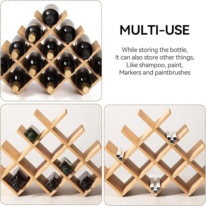 KIRIGEN 13-Bottle Wine Rack, 4-Tier Solid Wood Countertop Wine Holder, Freestanding Bottle Storage Shelf for Kitchen, Bar, Cabinet, Pantry, 22.28 x 5.9 x 13.9 in, XHJJ4-NA