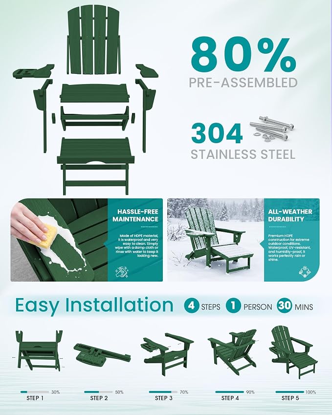 SERWALL Folding Adjustable Adirondack Chairs with Footrest Set of 2, HDPE Outdoor Chair with 4-in-1 Cup Holders, All Weather Adirondack Chair with Ottoman, Green