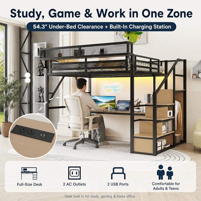 Mirightone Queen Loft Bed with Desk and RGB Light, Metal Loft Bed Frame with Stairs and Bedside Shelf, Heavy-Duty Lofts Beds with Storage Shelves and Wardrobe for Kids Teens, Black