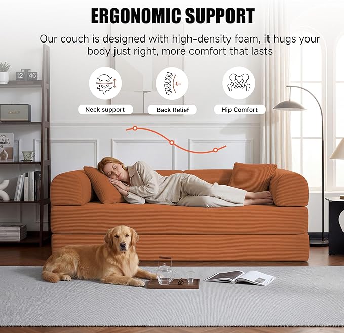 79" Compressed Sofa, Convertible Sofa Bed, Corduroy Compression Boneless Couch with Pillow, Comfy Modular Foldable Floor Sleeper Sofa for Bedroom, Living Room, Lounge, Studio (Orange)
