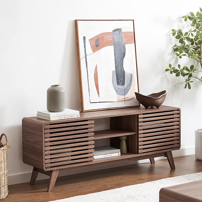 mopio Ensley 59" Tall TV Stand with Slatted Door, Mid Century Modern Entertainment Center for 55-65 inch TV, Farmhouse Media Console with Storage, Adjustable Shelves, Round Edges, Living Room (Walnut)