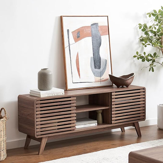 mopio Ensley 59" Tall TV Stand with Slatted Door, Mid Century Modern Entertainment Center for 55-65 inch TV, Farmhouse Media Console with Storage, Adjustable Shelves, Round Edges, Living Room (Walnut)