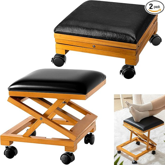 CroBlissful 2 Pack Rolling Adjustable Foot Rest Foldable Under Desk Ottoman with Wheels Leather Foldaway Guitar Foot Stool for Home Office Living Room Bedroom