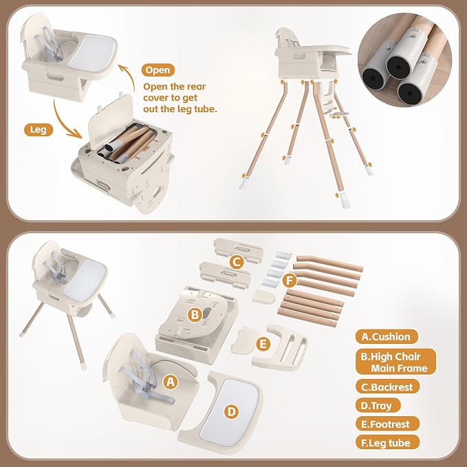 Baby High Chair for 6 Months+, Foldable High Chairs for Babies and Toddlers, Convertible High Chair, Adjustable Tray & Footrest, Portable High Chair & Easy to Clean(White with Wood Grain)