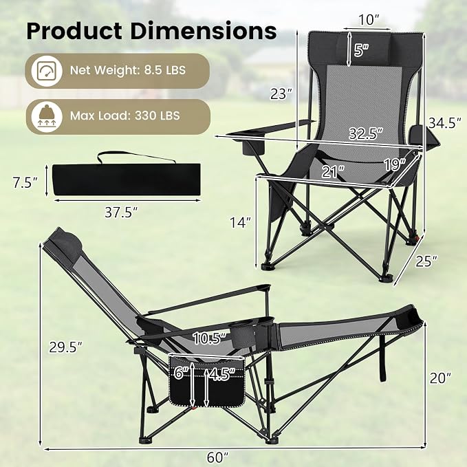 GYMAX Reclining Camping Chairs with Footrest, Lightweight Foldable Camping Chairs with Cup Holders, Adjustable Backrest, Headrest, Heavy Duty Camp Chair for Adult Outdoor Fishing Beach (Grey,2)