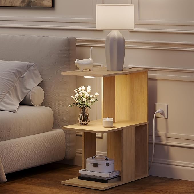 MAHANCRIS End Table with Charging Station, C-Shaped Narrow Side Table with LED Light, Natural Nightstand with Storage, Narrow Bedside Table for Small Spaces, End Tables Living Room, Bedroom, ETNA18E01
