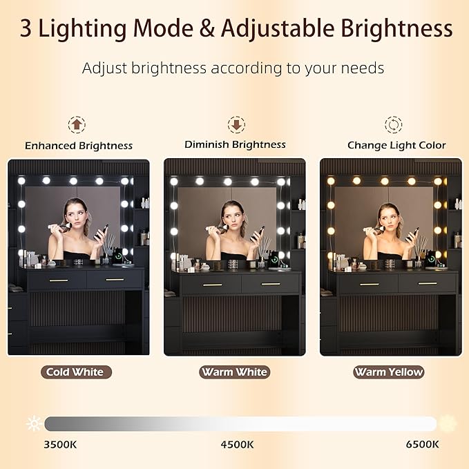 TOKSOM Black Vanity Desk with Mirror, Lights & Charging Station, 58.3" 3 Lighting Modes Makeup Desk with 8 Drawers, 2 Cabinets and Lots Storage, Dressing Table Vanity Set with Lighted Mirror