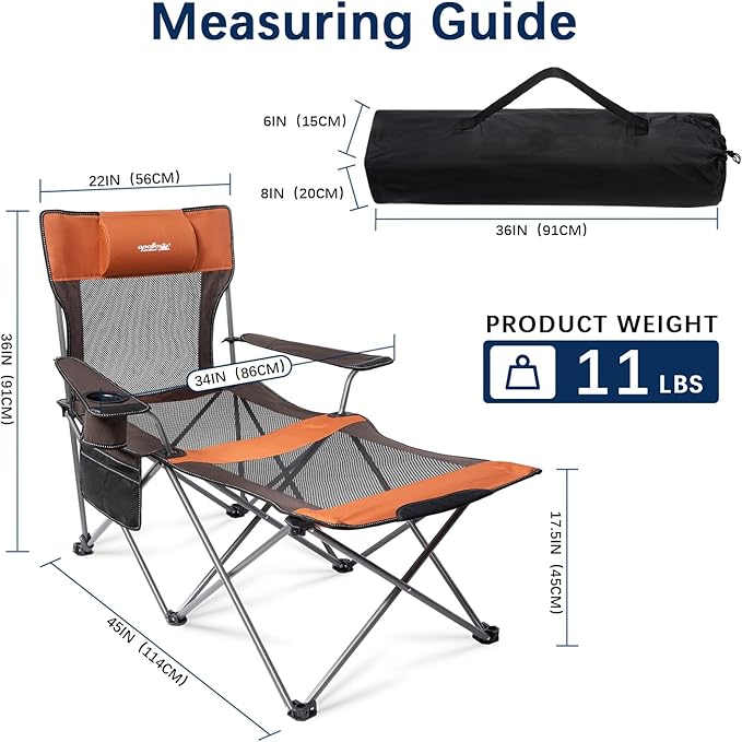 apollo walker Reclining Beach Chair, Adjustable 90-135° Backrest Camping Lounge Chairs for Adults, Folding Chair with Foot Rest & Detachable Pillow - Standard 6-Leg, Orange
