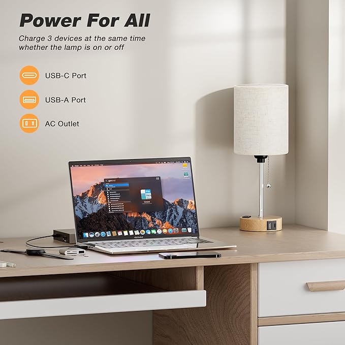 Small Bedside Lamp for Bedroom Nightstand - Table Lamp with USB C and A Port, Pull Chain Bed Lamps with AC Outlet, Wood Base Night Stand Lights for Kids Reading, Desk Lamp for Living Room/Dorm Room