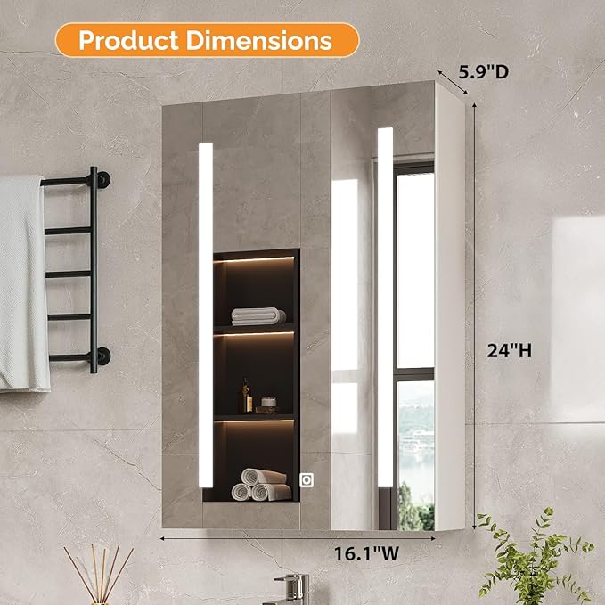 VINGLI 16Inch Medicine Cabinet with Lights, Lighted Medicine Cabinet with Mirror, Led Wall Mirror with Storage for Bathroom,Wall Mounted,3-Color Memory Mode Light，White,5.9" D x 15.75" W x 23.6" H