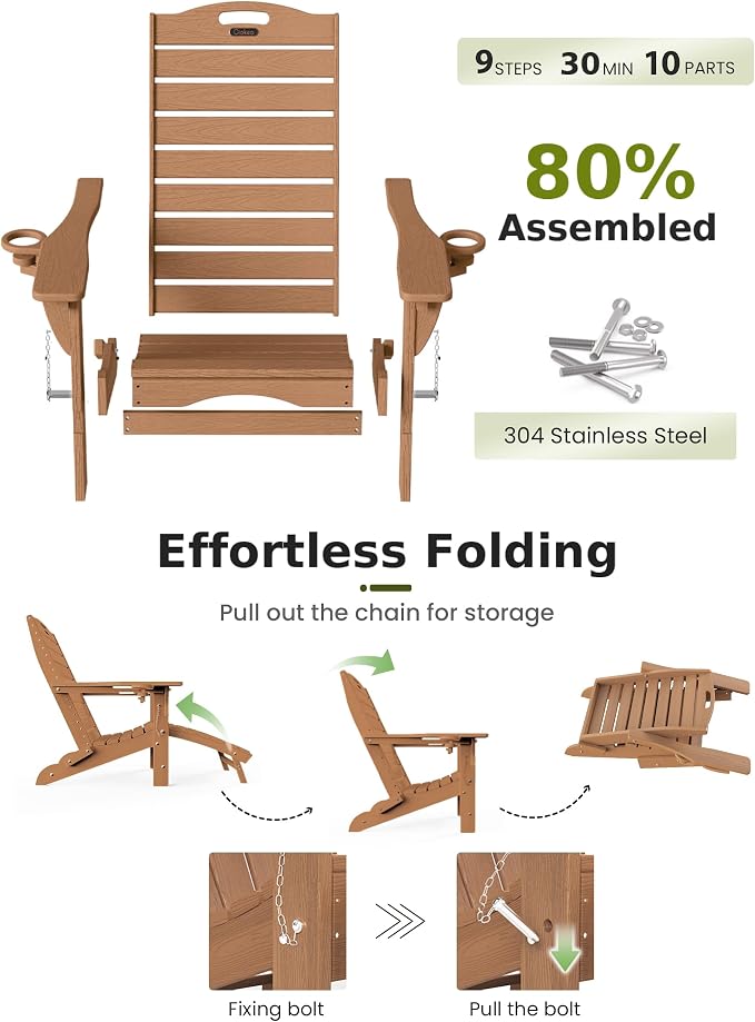 Ciokea Folding Adirondack Chair with Retractable Ottoman Fire Pit Patio Chair with Pull Out Foot Rest Weather Resistant Lawn Outdoor Lounge Chair with 2 Cup Holder (Teak)