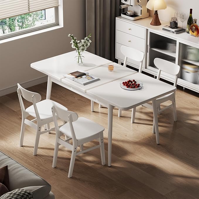 Muwuele Solid Wood Extendable Dining Table for 4-8 People with Seamless Extension from 47.2 to 63 Inches, Easy Assembly, Expandable Tables for Small Spaces, Dining Room, Kitchen, Living Room, White