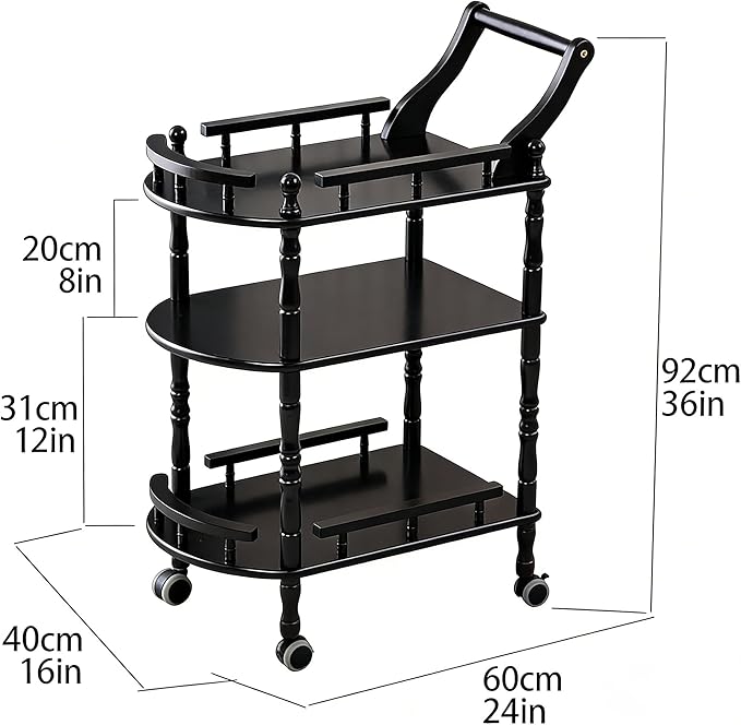 Entertainment Kitchen Cart, Midcentury Modern Imported rubberwood Black Finished Wood 3-Tier Mobile Bar Cart Serving Cart