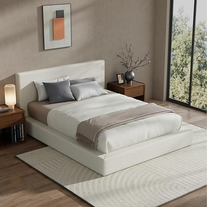 RECCI AirFrame California King Bed Frame with Headboard, Cloud Upholstered Platform Bed Frame, 5 Inch Foam Cushioned, No Box Spring, Easy Assembly(Cream Boucle)