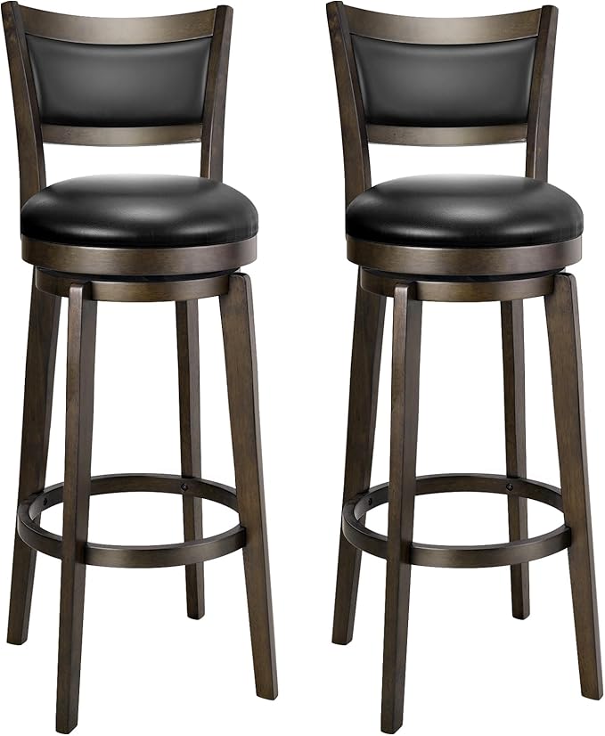 PrimeZone Swivel Bar Stools Set of 2, 34 Inch Extra Tall Bar Height Barstools, Black Faux Leather Bar Stool with High Backrest, Solid Wood Leg, Wrap-Around Footrest, Counter Stools for Pub