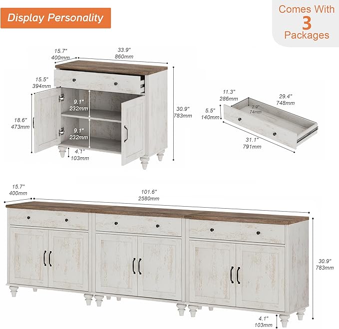 WAMAPT Rustic White Buffet Cabinet with 6 Doors and 3 Drawers, Large Coffee Bar Table Wood Kitchen Storage Cabinets, Modern Farmhouse Sideboard Credenza for Dining Room, 101 inch
