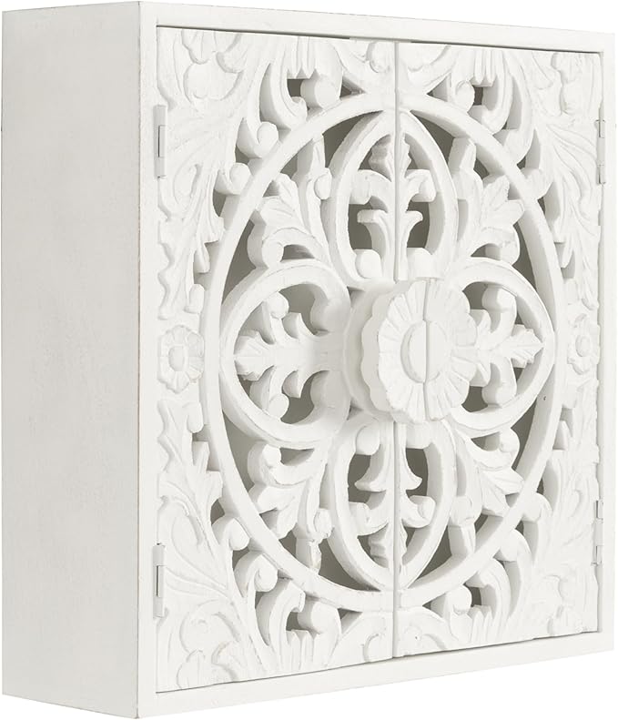 Kate and Laurel Saanvi Traditional Carved Wood Wall Cabinet; 20 x 6 x 20; White; Dimensional Over The Toilet Storage Cabinet for Bathroom Storage and Display