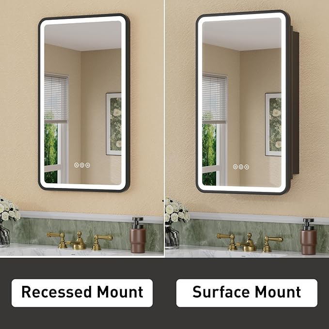 16 x 28 Inch Recessed Medicine Cabinet Mirror with Lights, Wall Mounted LED Bathroom Mirror Cabinet, Dimmable, Anti-Fog, Memory Function, 3 Color Modes, Adjustable Shelf, ETL Certified, Black