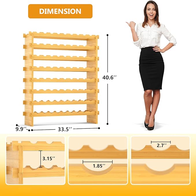 Bamboo Wine Rack Stackable, 8-Tier 72 Bottles Large Capacity, Modular Wine Storage Rack Free Standing, Floor Wine Display Shelf