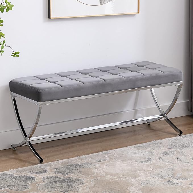 DUOMAY Modern Tufted Ottoman Bench, Velvet Upholstered Dining Bench, Button Tufted Footrest Stool Vanity Seat with with X Metal Legs, 45.75" W x 16.5" D x 19.25" H, Grey