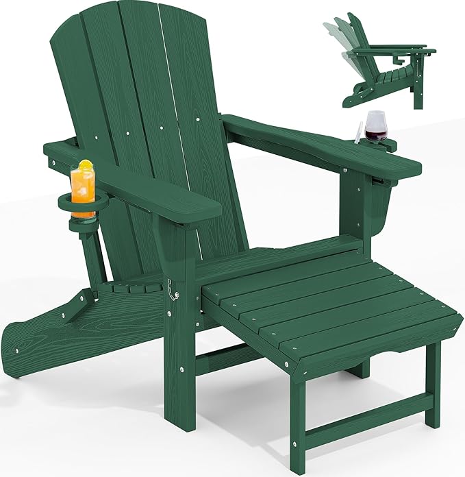 KINGYES Folding Adjustable Adirondack Chair with Ottoman & 2 Cup Holders, HDPE Adirondack Recliner Chair with Footrest, Green
