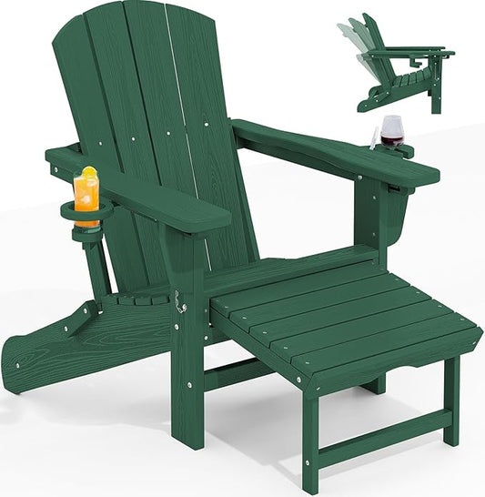 KINGYES Folding Adjustable Adirondack Chair with Ottoman & 2 Cup Holders, HDPE Adirondack Recliner Chair with Footrest, Green