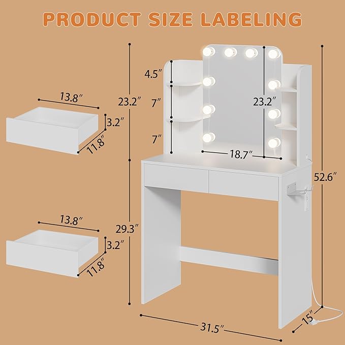 wanan Vanity Desk with Mirror and Lights 3 Colors, Girls Vanity Set with Power Outlet, Compact Vanity Table for Small Space, White Vanity Desk only