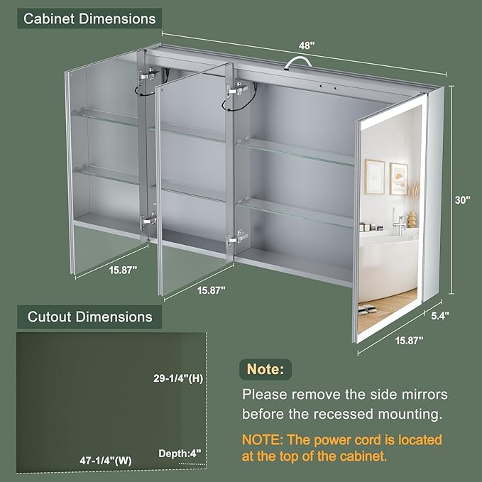 48x30 Inch Lighted Medicine Cabinet with Mirror, AL Alloy Frame, Plug-in or Hardwired, Recessed or Surface Mount, 3 Colors/Dimmable/Interior Sensor Light/Defog,2 Outlets & USBs,4 Shelves