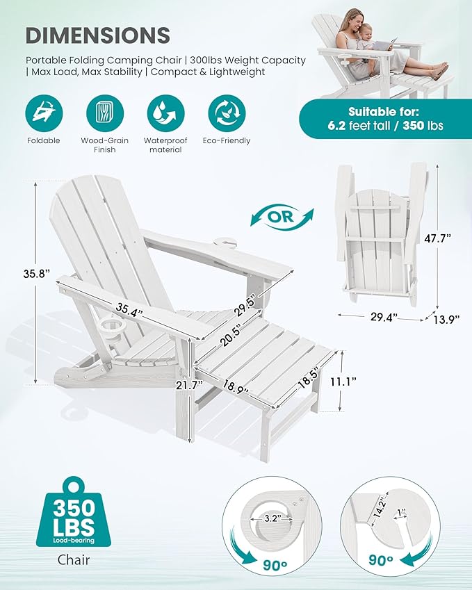 SERWALL Folding Adjustable Adirondack Chairs with Footrest Set of 4, HDPE Outdoor Chair with Dual Cup Holders, All Weather Adirondack Chair with Ottoman, White