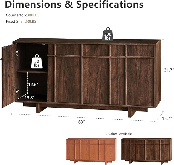 Sideboard Buffet Cabinet with Storage, Mid Century Modern Accent Cabinet with Skeleton Line & Wood Grain Texture,Minimalist Geometric Credenza for Living Room, Kitchen and Entryway, Cherry